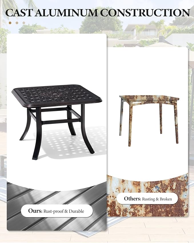 Crestlive Products Cast Aluminum Patio Side Table Outdoor Square Anti-Rust Small Table with Umbrella Hole, Coffee Bistro Table，Market Umbrella Table, 24’’x 24’’, Black with Bronze Spot