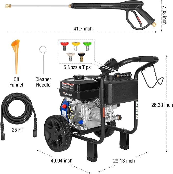 BILTHARD 3500 PSI Gas Pressure Washer, 2.5 GPM Heavy Duty Power Washer with 224cc 4 Cycle Engine, Spray Gun and Wand, 5 Quick Connect Nozzle Tips, 3/5 Inch x 25 Foot Hose, 49 State Compliant