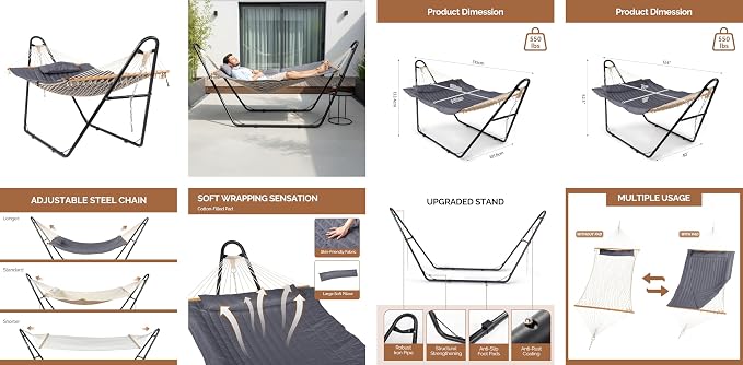 Heavy Duty Double Hammock with Stand – Heavy Duty 2-Person Hammock Set for Outside, Adjustable Patio Swing Hammock Chair Patio Furniture, Backyard Garden Porch Furniture, Gray