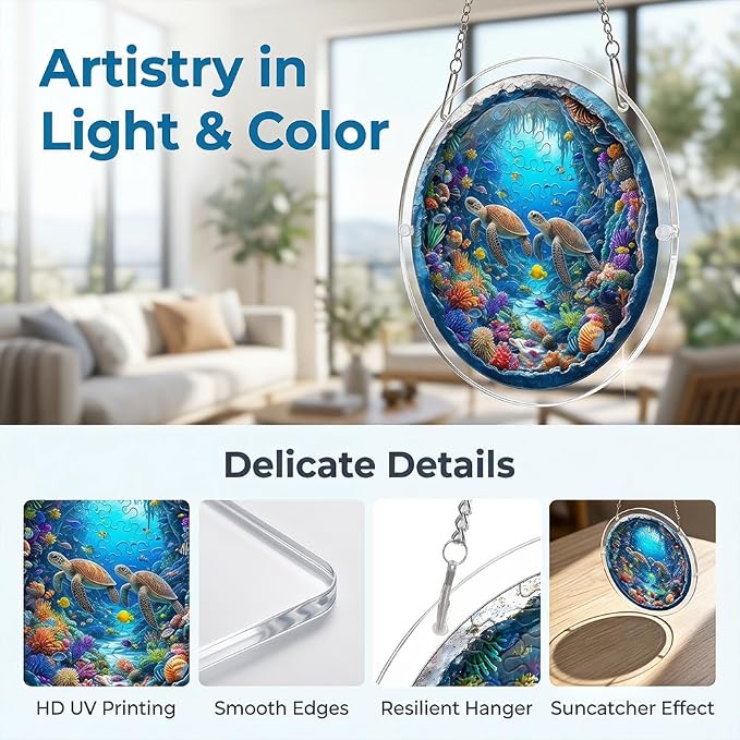 Acrylic Puzzle Suncatcher, Sea Turtle 3D Ocean Pattern Sun Catcher Jigsaw Puzzle Window Hanging, Acrylic Puzzles Kit Home Garden Decor, for Mom, Wife, Sisters, 7.87 inch