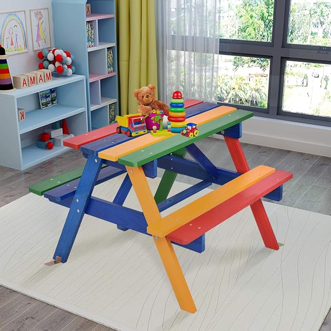 KOTEK Kids Picnic Table, Wooden Outdoor Table and Bench Set with Umbrella, Children Patio Furniture for Eating & Playing, Toddler Picnic Table for Backyard Garden, Gift for Boys Girls (Rainbow)