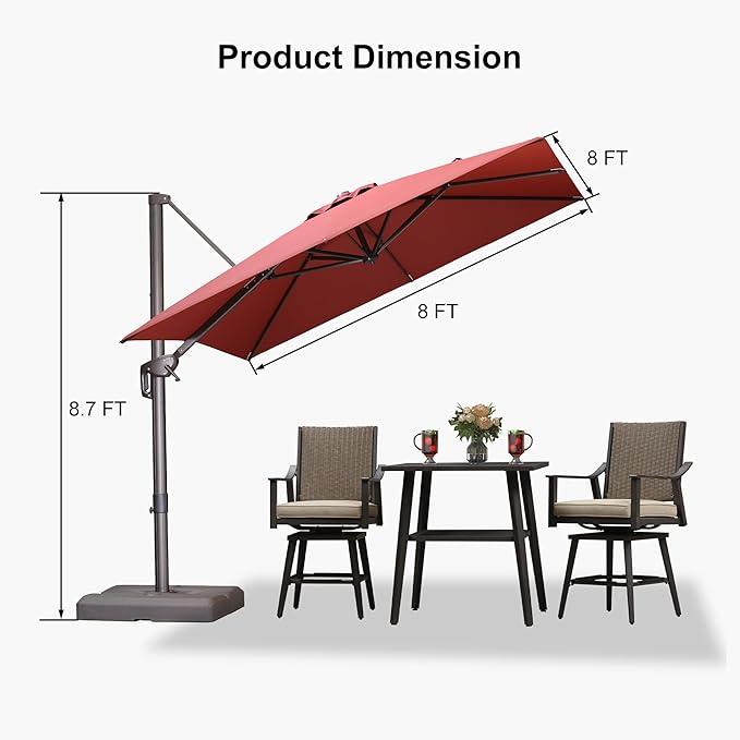 PURPLE LEAF 8' X 8' Cantilever Patio Umbrella with Base Included Antique Bronze Square Umbrella with 360° Rotation and Aluminum Offset Hanging Outdoor Umbrella for Pool Garden Backyard Deck, Brick Red