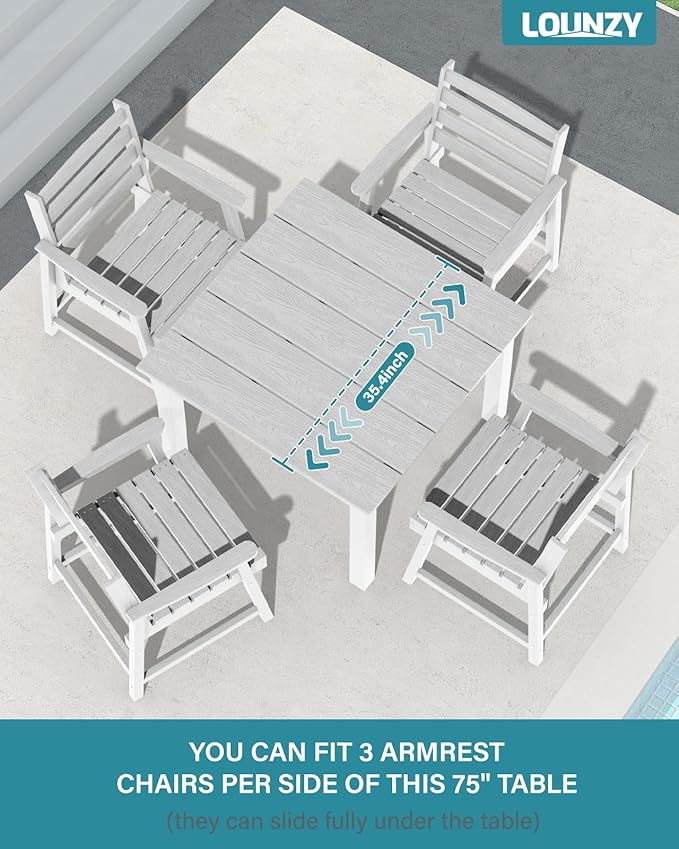 LOUNZY 5-Piece HDPE Patio Dining Set - Outdoor Square Table with 2" Hole Cut-Out & 4 Chairs,White