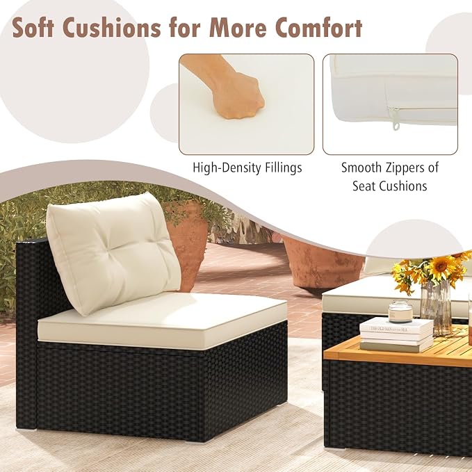 RELAX4LIFE 5-Piece Wicker Outdoor Furniture - PE Rattan Sectional Conversation Set w/4 Armless Sofas & Acacia Wood Coffee Table, Cushioned Patio Sofa Set for Garden Poolside Backyard Porch (Off White)