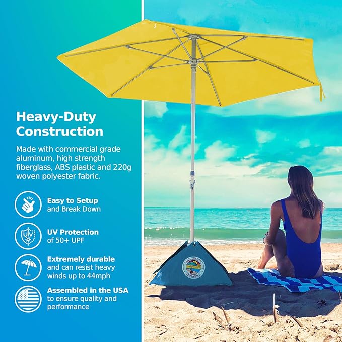BEACHBUB ALL-IN-ONE BEACH UMBRELLA SYSTEM. Includes ULTRA Base (compliant with the ASTM F3681-24 Beach Umbrella Safety Standard). (Sun-kissed Yellow)