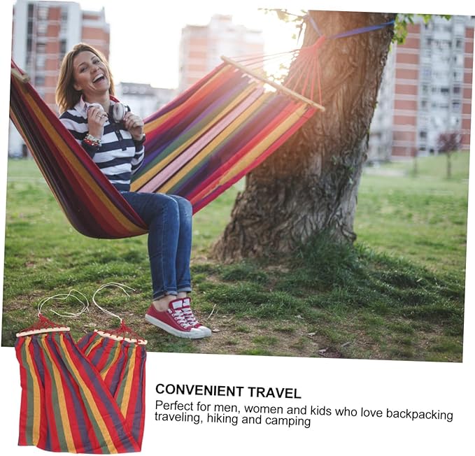Beaupretty Single Person Rainbow Striped Hammock Outdoor Camping Leisure Swing Widened Cotton Canvas Anti-flip Portable Swing for Patio Garden