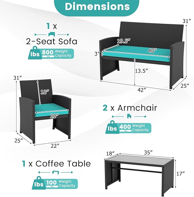 Tangkula 8 Pieces Patio Wicker Furniture Set, Outdoor Heavy Duty Rattan Cushioned Chairs, Loveseat and Tempered Glass Coffee Table, for Backyard, Balcony, Poolside (Turquoised,2)