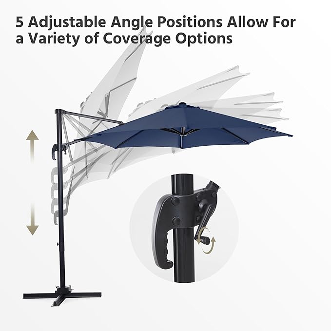 LAUSAINT HOME 10FT Round Outdoor Cantilever Umbrella, Offset Patio Umbrella with 360° Rotation & 5-Angle Adjustment, Aluminum Pool Umbrella for Garden Deck, Blue