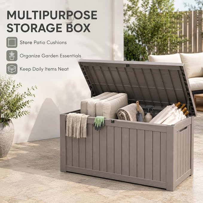 146 Gallon Deck Box, Waterproof Outdoor Storage Box, Lockable Resin Patio Storage Box for Cushions, Garden Tools & Pool Accessories, Heavy Duty Outdoor Storage Bench, Gray Brown