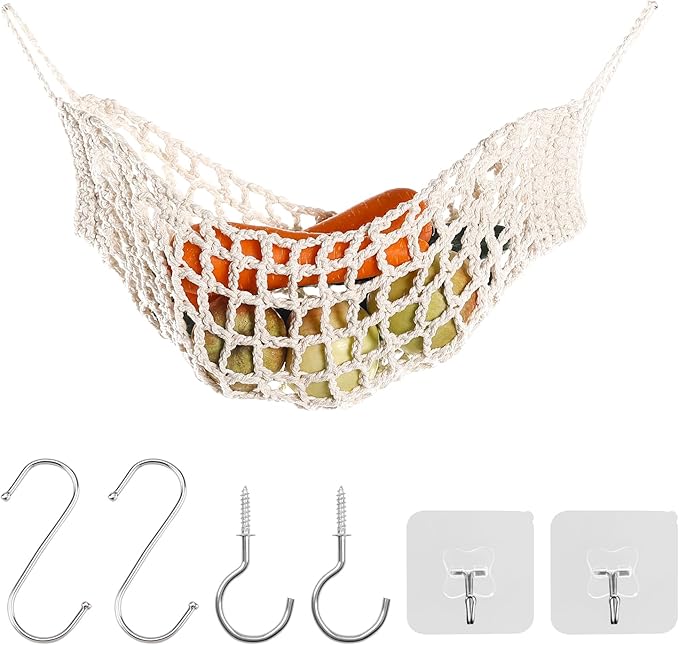 Fruit Vegetable Hammock, 1 Set Beige Handmade Macrame Fruit Hammock with Hooks Cotton Fruit Holder Net Under Cabinet Hanging Fruit & Veggie Basket for Saving Kitchen Space