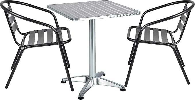 BTEXPERT Indoor Outdoor Restaurant Stainless Steel Aluminum Metal Slat Stack Commercial Lightweight, 2 Chairs with a 27.5" Square Table, Silver/Black