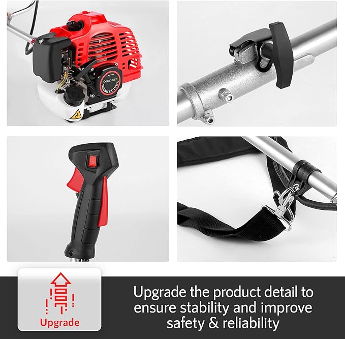 58CC Brush Cutter Gas Powered 2-Cycle 4 in 1 Gas Weed Wacker 18.5" Cutting Path Gas Weed Eater with 4 Detachable Heads Straight Shaft String Trimmer Grass Cutter Machine for Weeds and Grass, Red