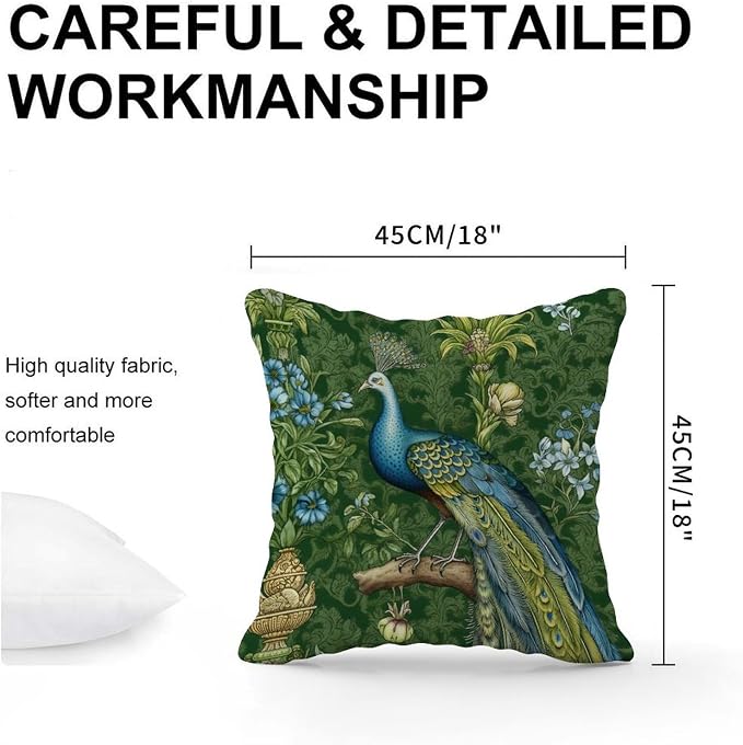 Aqua and Green Chinoiserie Throw Pillow Covers Green Peacock Animal Asian Cushion Cases 18x18 INFarmhouse Accent Outdoor Garden Decoration for Patio Garden Couch Tent