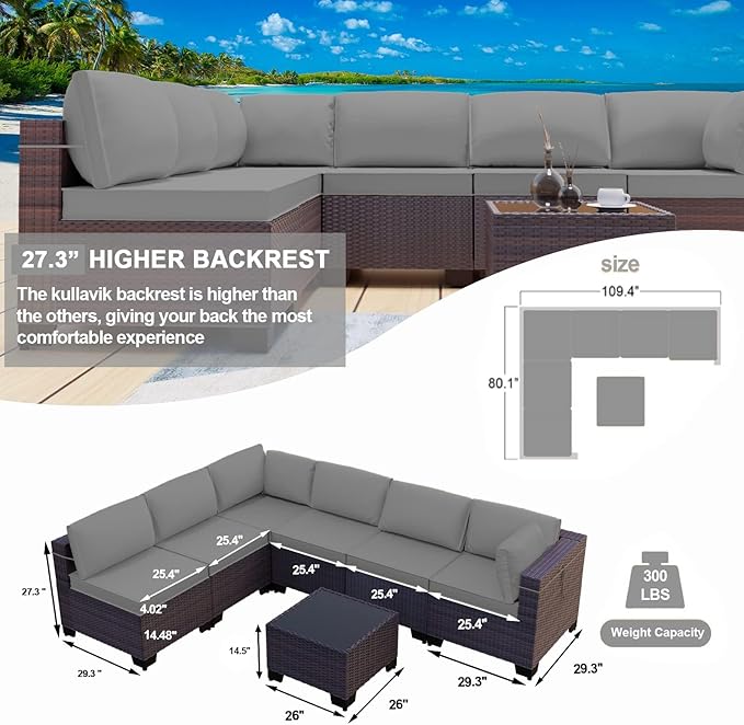 Kullavik 10PCS Outdoor Patio Furniture Set,PE Wicker Rattan Sectional Sofa Patio Conversation Sets with Tempered Glass Table,Swivel Rocking Chairs Set,Grey