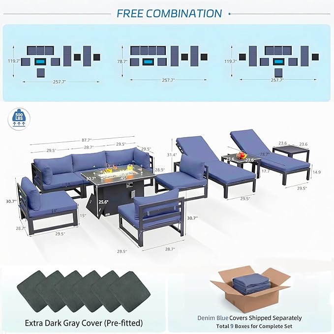 NICESOUL 11 Piece Large Modern Aluminum Patio Furniture Set, Water Resistant Modular Outdoor Conversation Set with Lounge & Fire Pit Table, 500 lbs Durable Modular Sectional Sofa for Deck, Denim Blue