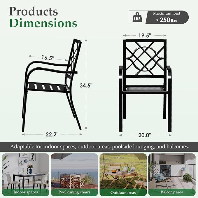 Oakcloud 4 Pieces Patio Wrought Iron Chairs, Metal Outdoor Dining Set, Stackable Bistro Chairs with Armrest for Garden Backyard, 300 LBs, Black