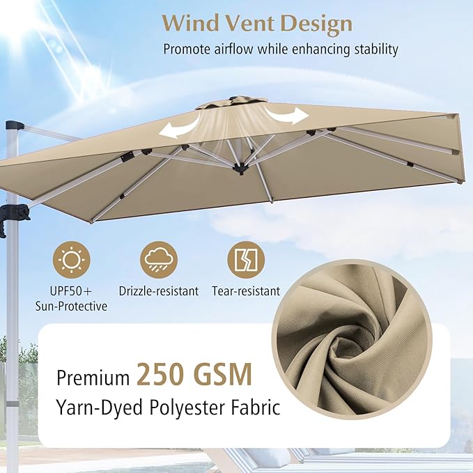 Cantilever Patio Umbrella Aluminum Offset Umbrella with 360-Degree Rotation & Adjustable Tilt, Large Patio Offset Umbrella for Garden, Pool, Backyard & Deck