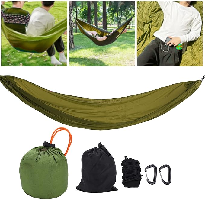 Portable Parachute Camping Hammock, Lightweight Outdoor Hammock with Aluminum Snap Hooks and Storage Bag for Hiking, Travel, and Picnics, 200kg Load Capacity (OD Green)