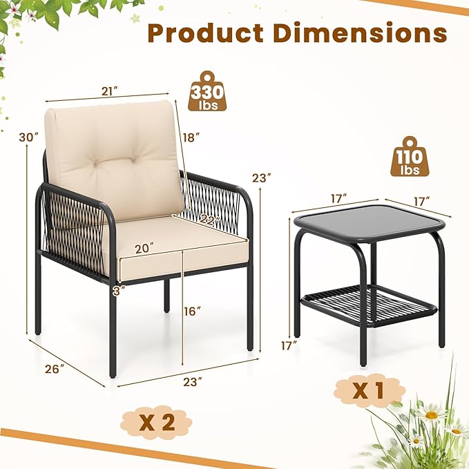 Tangkula 3 Pieces Patio Bistro Set, PE Rattan Furniture Set with Tempered Glass Table, Chairs, Back and Seat Cushions, Outdoor Wicker Conversation Set for Porch, Backyard, Garden and Poolside