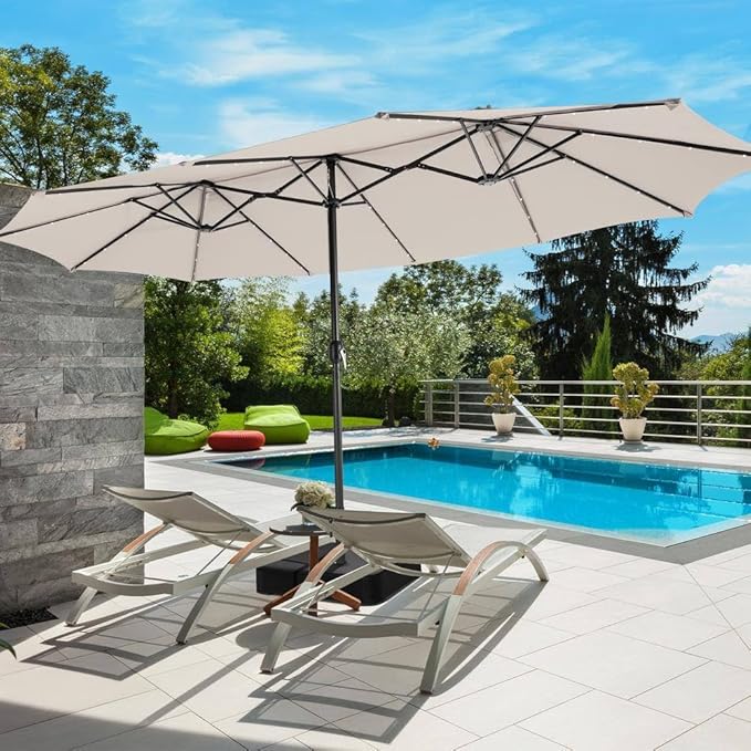 15ft Large Patio Umbrella with 3 Solar panels, 48 Solar LED Lights Base NOT Included, Outdoor Double-Sided Rectangle Market Umbrella with Crank Handle, Perfect for Pool, Lawn, and Garden (Pole Diameter 1.9 inch)