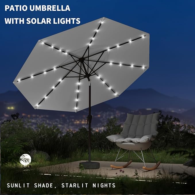 9FT Patio Umbrella with Solar Lights,Outdoor Market Umbrella with Tilt and Crank, LED Lighted Table Umbrella for Garden,Deck,Backyard,Pool,Beach (Light Gray)