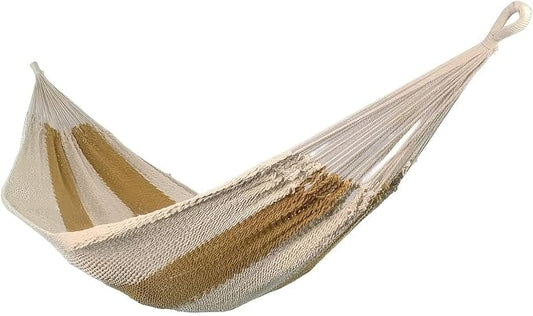 Double Mayan Handwoven Cotton Rope Hammock for Outdoor Indoor Patio Backyard, 79x59 Inch Bed, 480 lbs Capacity, 2 Person (White and tan)