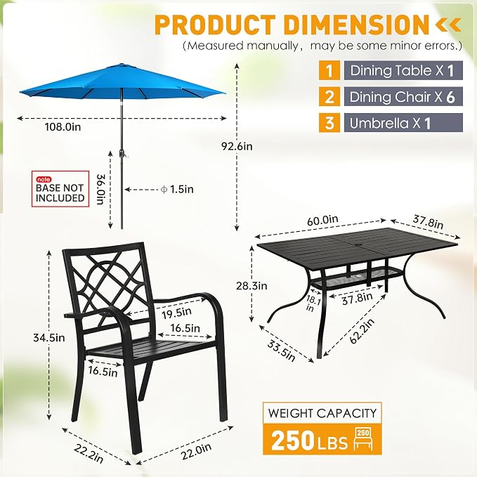 SUNCROWN 8-Piece Outdoor Wrought Iron Chairs and Table Patio Dining Furniture Set - 6 Stackable Metal Chairs, 1 Steel Slat Bistro Table and 1 Sky Blue 9Ft Patio Umbrella for Garden Backyard Deck