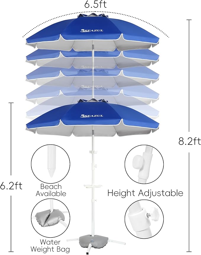 Seazul 6.5ft Sun Shade Umbrella, Portable Umbrella with Stand for Sports, Water Weight Bag, Adjustable and Lightweight, Sun Protection, Royal Blue