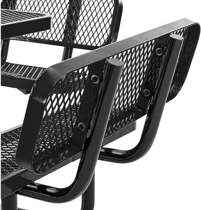 Global Industrial 46" Square Picnic Table with Backrests, Expanded Metal, Black Thermoplastic Coating, 1-1/2" Umbrella Hole, Outdoor-Rated, 1000 Lbs Capacity