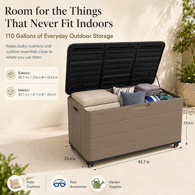 ADDOK 110 Gallon Outdoor Deck Box with Wheels, Large Waterproof HDPE Resin Storage Box with 2 Locking Casters, Lid Support Rod and Lockable Lid, Patio Cushion Storage Bench,Brown