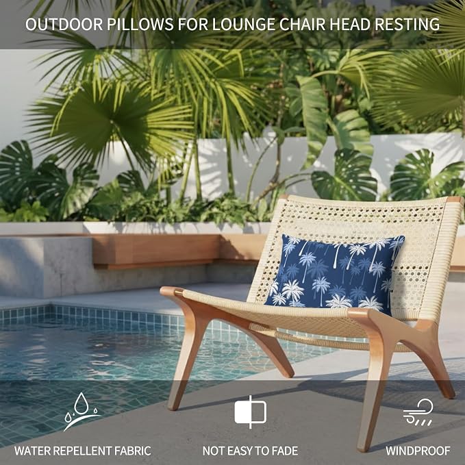 Tropical Palm Tree Outdoor Pillows for Chaise Lounge Chair Beach Headrest Pillow Set of 2 Waterproof Lumbar Pillows with Insert&Adjustable Strap Navy Blue White Plants Coastal Leaf Pool Pillow 11"x16"