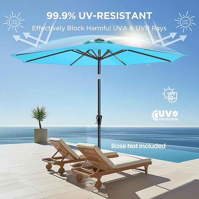 HOMSHADE 9ft Solar Patio Umbrella - Solar Lights LED Lighted Outdoor Market Table Umbrella, UPF50+ UV Protection with Push Button Tilt, Crank for Pool Deck and Garden (Light Blue)