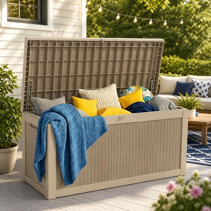 LAUSAINT HOME 260 Gallon XXXL Outdoor Deck Box, Waterproof Resin Storage Box Bench with Lock, Large Patio Cushion Storage, Garden Tool Organizer, Pool Storage Container, 3-Person Seat, Light Brown