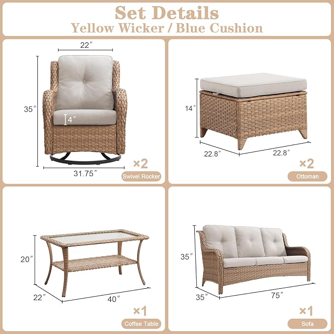 Belord 6 Piece Wicker Patio Furniture Set, Outdoor Swivel Rocker Chairs Set of 2 with Ottomans and 3 Seater Sofa, All Weather Patio Conversation Furniture Set, for Pool,Yard Yellow Wicker/Beige