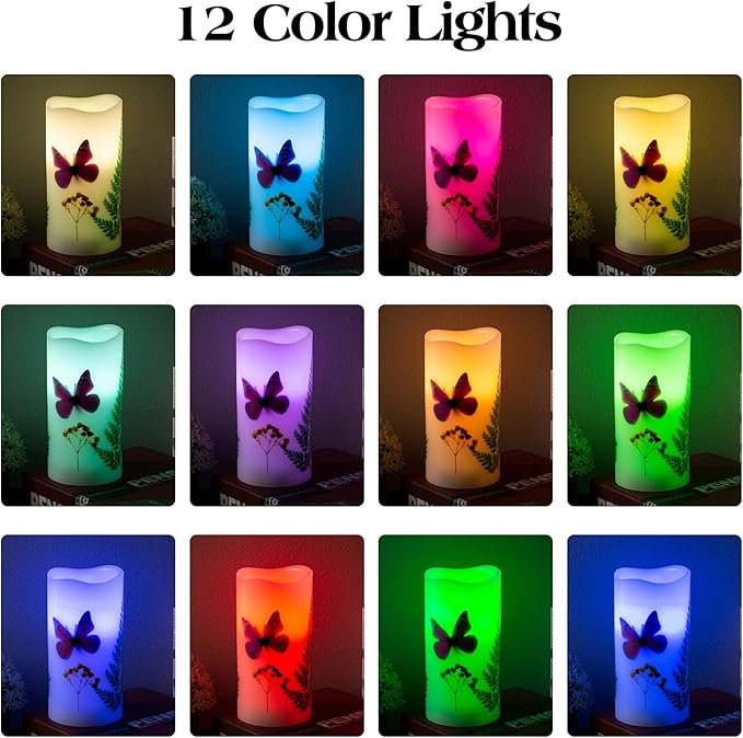 LED Candles Flameless Battery Operated with Remote Timer 6'' Tealight Butterfly & Plants Decor Real Wax Electric Candle Lights 12 Color Changing for Home&Kitchen Indoor/Outdoor Party