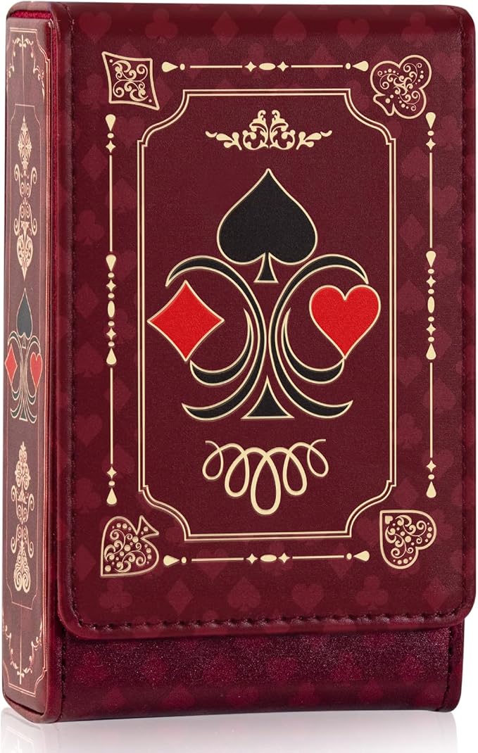 Leather Playing Card Box/Case, 4.7''x3''x1.3'' Deck of Cards Holder - Fits Bridge Cards, Playing Card Storage Box for Outdoor Travel Gaming (Red)