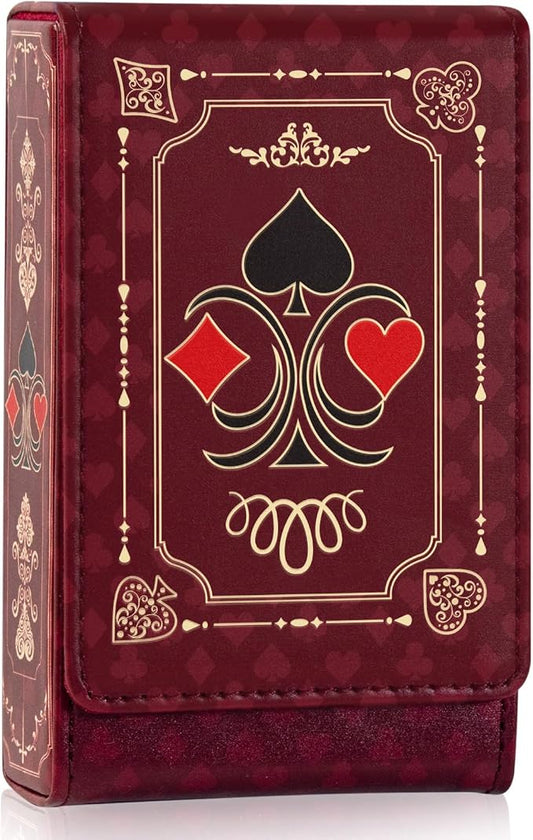 Leather Playing Card Box/Case, 4.7''x3''x1.3'' Deck of Cards Holder - Fits Bridge Cards, Playing Card Storage Box for Outdoor Travel Gaming (Red)