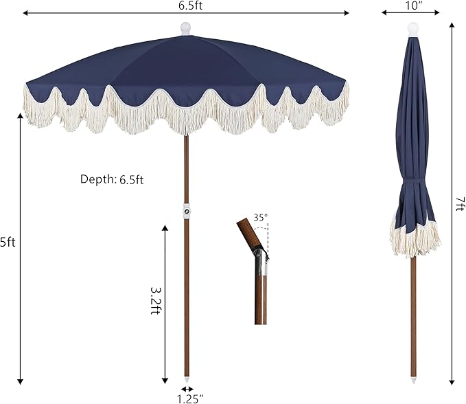 JONATHAN Y Mariner 6.5 ft. Beach Umbrella, Navy Solid with Fringe, Push-Button Tilt, UPF 50+ Sun Protection and Carrying Bag for Patio and Pool, Dark Brown Wood-Finish Pole UMB1005I
