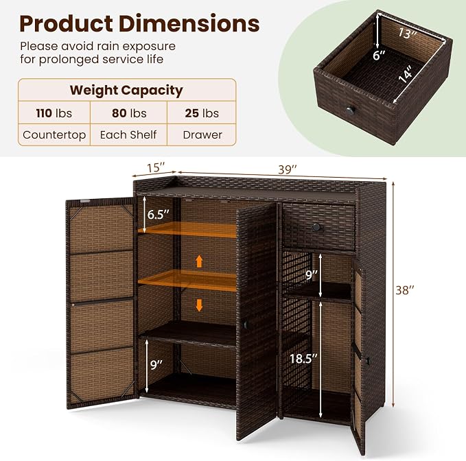 Tangkula Rattan Outdoor Storage Cabinet, Patiojoy Outdoor Cabinet with 2 Adjustable Shelves, 1 Drawer, 3 Doors, Patio Storage Deck Box Table for Patio Garden Poolside