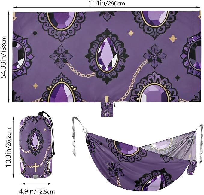 Purple Gem & Cross Pattern Outdoor Hammocks with Tree Straps Cloth Hammock for Camping Travel Accessories