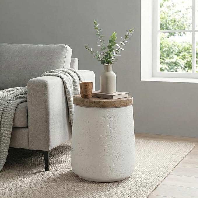 SUNBURY Outdoor Side Table, 13" W Concrete End Tables for Patio, Accent Side Table, Garden Stool Wooden-Look Top Lightweight for Livingroom Bedroom, Garden, Backyard, White