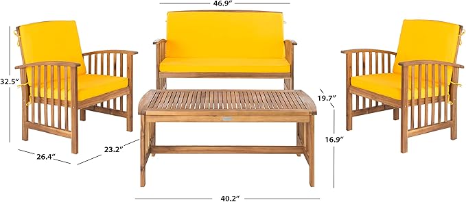 SAFAVIEH Outdoor Collection Rocklin Natural/ Yellow Cushions/ Navy Pillows 4-Piece Conversation Patio Set