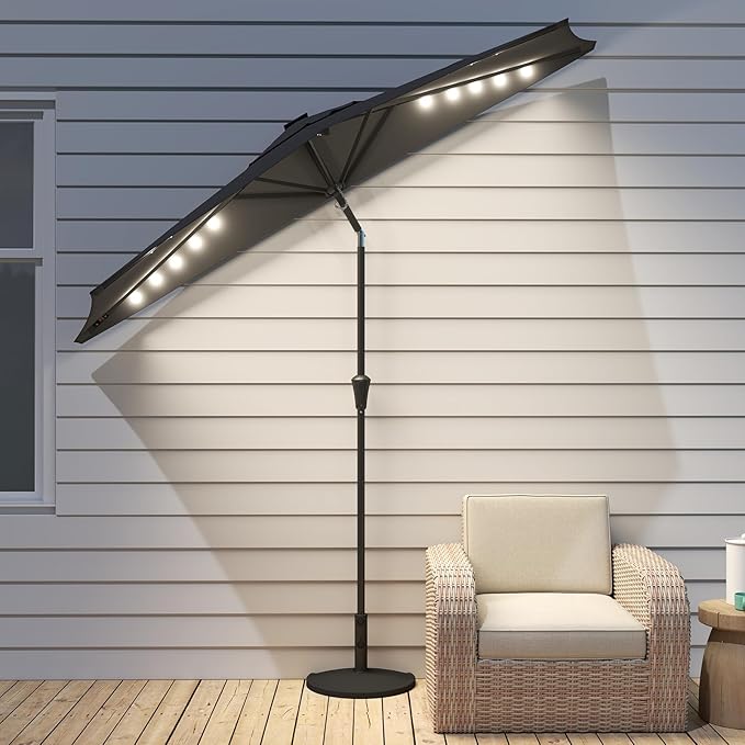 Helios&Hestia 9 ft Small Half Round Solar Powered Wall Outdoor Market Patio Umbrella with LED Lights and Tilt for Garden, Deck, Balcony