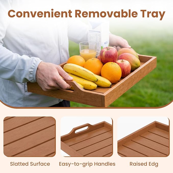 HAPPYGRILL Outdoor Wood Tray Table Folding Side Table with Removable Serving Tray, Portable Patio End Table for Porch, Garden, Backyard, Poolside (2)