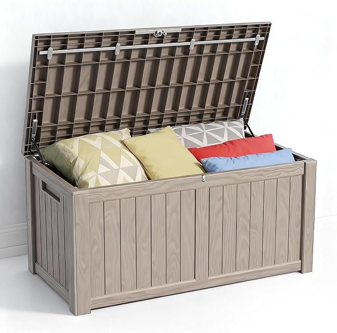 Zapdos Outdoor Storage Box, 120 Gallon Deck Box with Stainless Steel Rods, Waterproof Large Resin Storage Bin for Patio Cushions Garden Tools, Lockable Outside Storage Box, Grey