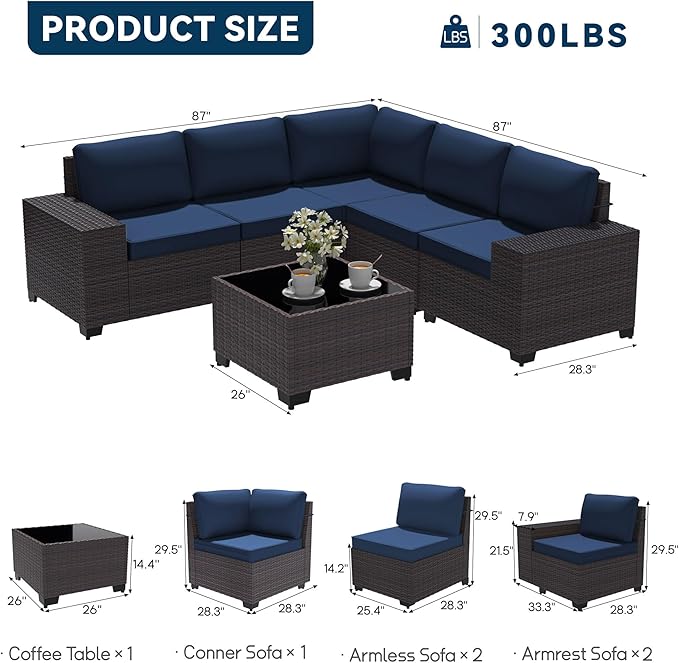 Patio Furniture Set 6 Pieces Outdoor Sectional Sofa Set,PE Rattan Wicker Patio Conversation Set with Thickened Cushions and Glass Coffee Table,NavyBlue