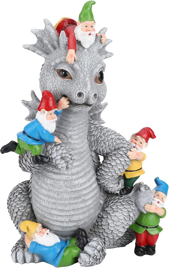 Dragon Garden Statue, Dinosaur Play with Gnomes Garden Statues, Garden Gift | 13'' Resin Porch Dinosaur Garden Dragon for Yard, Patio, Porch, Lawn, Outdoor Decor and Gifts for Mother Grandma or Father