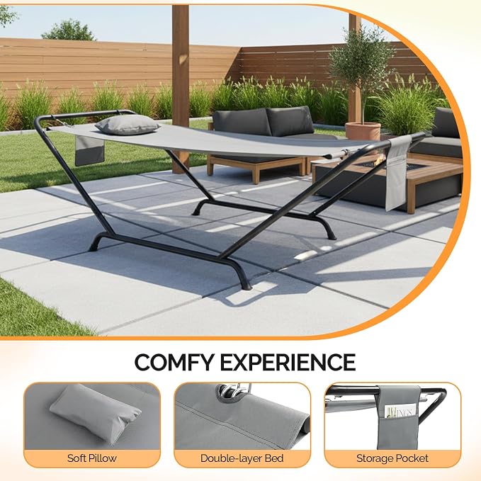 ONCLOUD Freestanding Hammock with Stand, 600LBS Heavy Duty Outdoor Hammock, Safety Cofy Outdoor Hammock with Stand, 4 Point Hammock Bed for Yard, Patio,Bedroom- with Soft Pillow & Storage Bag (Grey)