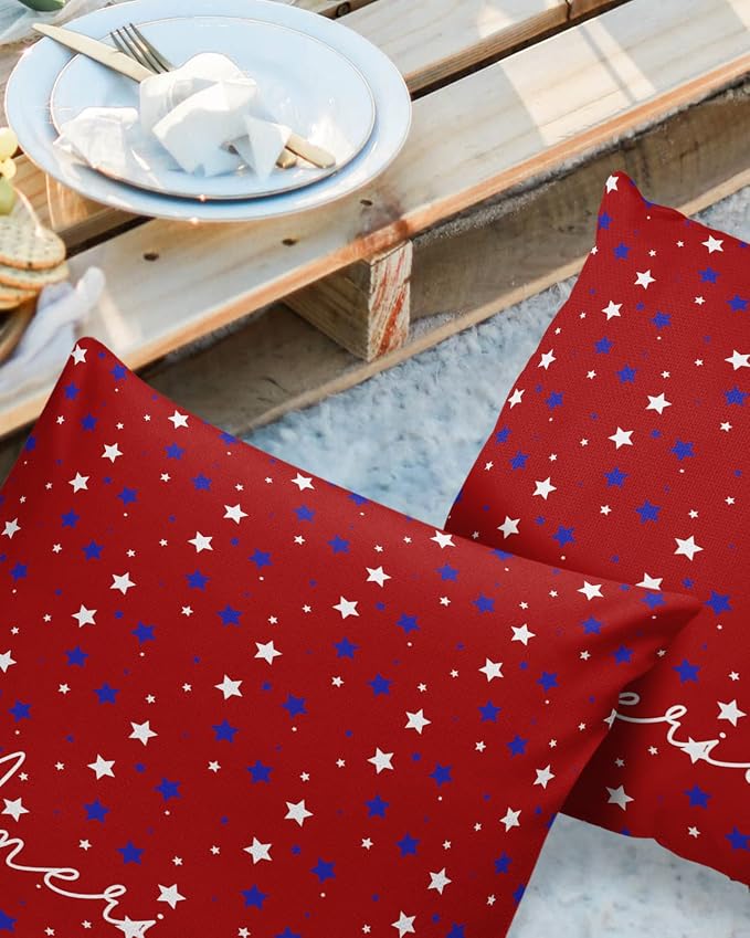 Pentagram Outdoor Pillow Shams Set of 2, Decorative Pillowcases Cushion Case, Soft Throw Pillow Covers Waterproof Pillow Case 20x20 Inch, American Patriotic Stars Red Blue