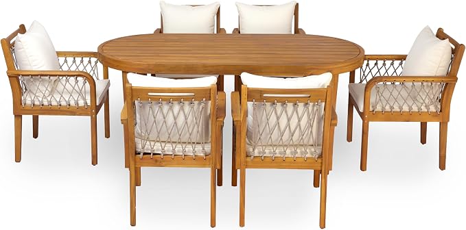 Christopher Knight Home Domac Acacia Wood Dining Table Set for 6, Solid Wood Outdoor Dining Set for 6, Oval Patio Dining Table and Chair Set with Cushion & Rope Accent, Cream Beige + Oatmeal + Teak